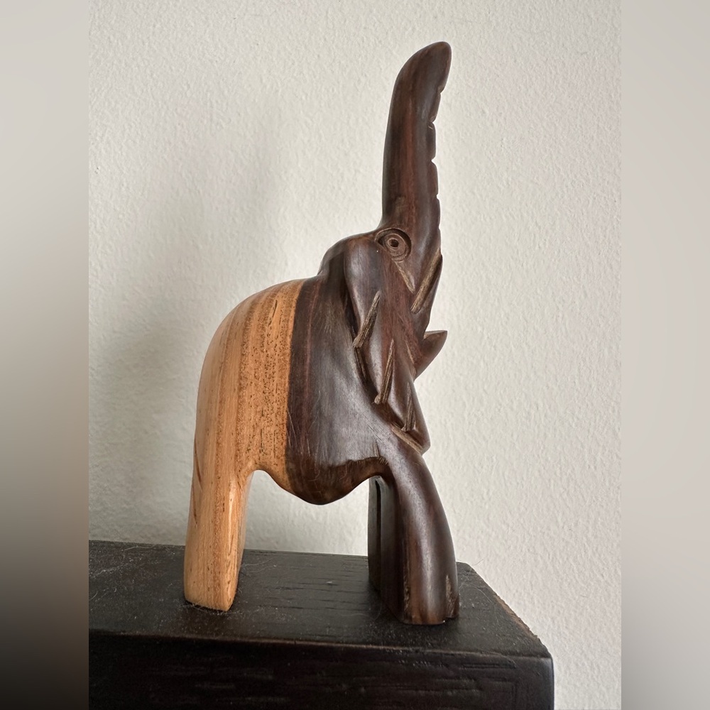 Hand Carved wooden elephant 5 inches tall trunk up beautiful
